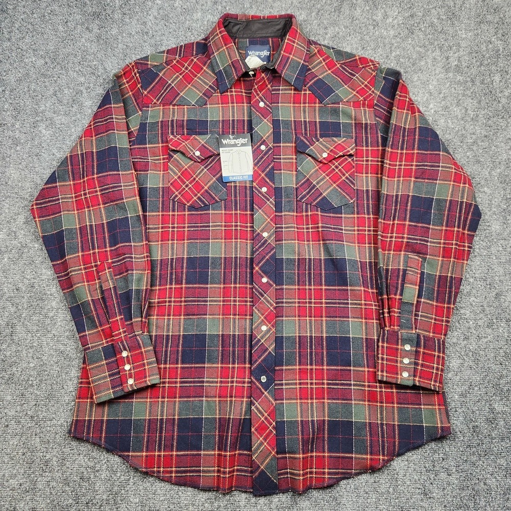 Wrangler Flannel Shirt‎ Mens XLT Red Plaid Western Pearl Snap Sleeve Classic Fit
